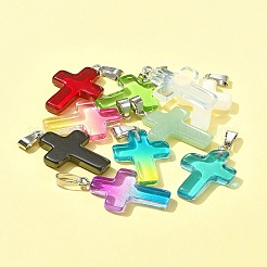 10 個 10 色のガラスペンダント  白金鉄パーツ  クロスチャーム  プラチナ  ミックスカラー  29x18x5.5mm  穴：7x3.5mm  1個/カラー&nbsp;GLAA-FS0001-83