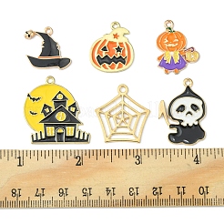 12 個 6 スタイルラックメッキ環境に優しい合金エナメルペンダント  ハロウィンモチーフ  ライトゴールド  アンプキン ジャック・オー・ランタン & 蜘蛛の巣 & 幽霊 & お化け屋敷  ミックスカラー  19~30x19~29.5x1~2.5mm  穴：1.5~2mm  2個/スタイル&nbsp;ENAM-FS0001-45