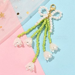 蝶結びと花のガラスシードペンダント装飾  304ステンレススチール製カニカン留め具、バッグ飾り用チャーム  ホワイト  87mm&nbsp;HJEW-TA00311-01
