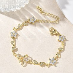 女性用真鍮マイクロパヴェキュービックジルコニアリンクチェーンブレスレット  フラワー＆ちょう結び  長持ちメッキ  ラックめっき  カドミウムフリー＆鉛フリー  18KGP本金メッキ  透明  5.51インチ（14cm）  蝶結び：13x18x5mm&nbsp;BJEW-C156-04E-04G