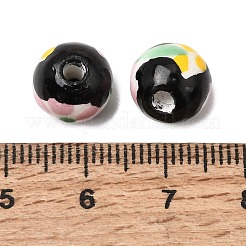 手作りの陶器ビーズ  手描き  花柄ラウンド  ブラック  10mm  穴：2~2.5mm&nbsp;PORC-A034-02B