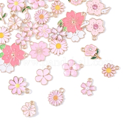 合金エナメルチャーム  花のチャーム  ライトゴールド  ピンク  14~24x10~25.5x1~4mm  穴：2mm  30個/セット&nbsp;FIND-FS0003-97