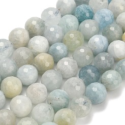 天然石アクアマリンビーズ連売り  ファセット（128ファセット）  ラウンド  10mm  穴：1.2mm  約40個/連  15.75インチ（40cm）&nbsp;G-L642-F05-10mm
