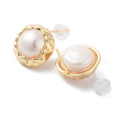 Half Round Natural Pearl Stud Earrings with Brass Findings and 925 Sterling Silver Pins&nbsp;EJEW-P256-90G