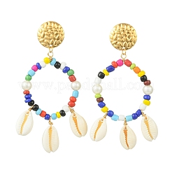 304 Stainless Steel & Natural Cowrie Shell Dangle Stud Earrings for Women&nbsp;EJEW-JE07231