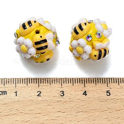 樹脂入りポリマー粘土ラインストーンビーズ  DIYジュエリーやペンの装飾に  ミツバチと花  きいろ  17~18x18~19x18~19mm  穴：2mm&nbsp;RESI-Z045-05