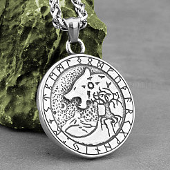304 Stainless Steel Viking Wolf Round Medal Pendant Necklaces for Men&nbsp;WG44E1C-01