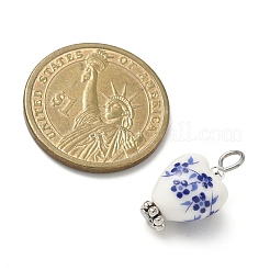 手作りのプリント磁器ペンダント  鉄ループ付き  花柄のハートチャーム  プラチナ  22~22.5x12x9.5mm  穴：2.7~3.5mm&nbsp;PALLOY-JF04403