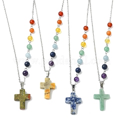 Chakra Natural Mixed Gemstone Religion Cross Pendant 304 Stainless Steel Cable Chain Necklaces for Women&nbsp;NJEW-JN06268