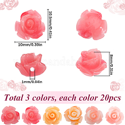 60個3色合成珊瑚ビーズ  染め  花  ミックスカラー  10x10.5x8mm  穴：1mm  20個/カラー&nbsp;CORA-SC0001-04