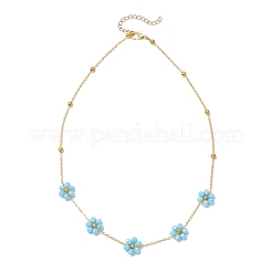 2Pcs 2 Colors Brass & Faceted Round Glass Beaded Flower Link Chain Necklaces&nbsp;NJEW-JN05296