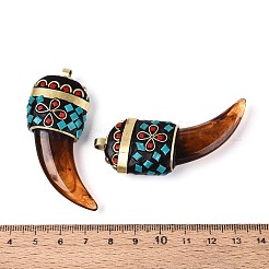 手作りインドネシアビッグサイズペンダントトップ  牙の形をしたチャーム  樹脂とメッキなしの真鍮を使用  シエナ  60~65x24~25x13mm  穴：3.5~4x4mm&nbsp;IPDL-N004-02B-C