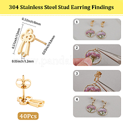 40個の蝶結びイオンプレーティング（IP）304ステンレススチールスタッドピアス金具  カン付き  ゴールドカラー  13x8mm  穴：1.2mm  ピン：0.8x11mm&nbsp;STAS-SC0010-43
