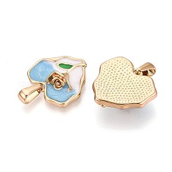 304ステンレススチールとエナメルペンダント  花のチャーム付きハート  ゴールドカラー  ライトスカイブルー  19.5x21x7mm  穴：7.5x3mm&nbsp;STAS-T072-74A-G