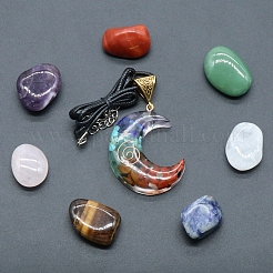 7 Chakra Tumbled Stone & Moon Pendant Necklace Mixed Natural Gemstone Healing Stones Set&nbsp;PW-WG21137-02