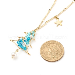 Christmas Tree Shell Pearl & Glass Braided Pendant Necklace with Bar Link Chains&nbsp;NJEW-TA00028