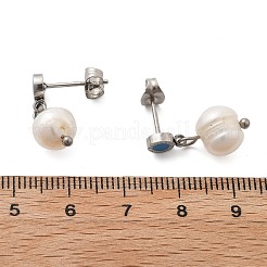304ステンレススチールダングルスタッドピアス  天然パールとエナメル  ラウンド  ステンレス鋼色  19.5x8mm&nbsp;EJEW-F354-07P