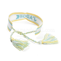 Word J'ADORE Polycotton(Polyester Cotton) Braided Bracelet with Tassel Charm&nbsp;BJEW-F429-01