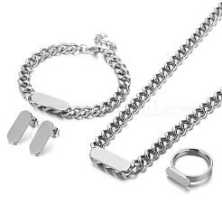ファッショナブルな304ステンレススチールの長方形ブレスレット＆イヤリング＆ネックレス＆リングセット  カーブリンクチェーン付き  ステンレス鋼色  16.73インチ（425mm）&nbsp;FS-WG82DA2-01