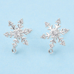 クリスマステーマ  真鍮キュービックジルコニアスタッドピアスパーツ  カン付き  スノーフレーク  ニッケルフリー  銀  15x11mm  穴：1mm  ピン：0.9mm。&nbsp;KK-T050-62-01S-NF
