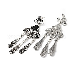 樹脂蛾のシャンデリアピアス  女性用アンティークシルバー合金ティアドロップタッセルイヤリング  ブラック  78mm  ピン：0.8mm&nbsp;EJEW-D054-05AS-02
