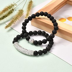 天然溶岩ロックオイルディフューザーヨガメンディテーションビーズストレッチブレスレットセット男性女性女の子ジュエリー  真鍮とポリマークレイのラインストーンビーズ付き  内径：2-1/8インチ（5.5cm）  2個/セット&nbsp;BJEW-JB06699