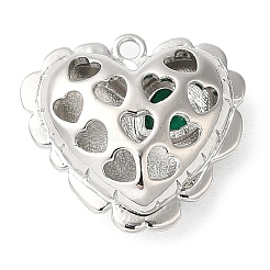 真鍮チャーム  ガラスと  ニッケルフリー  ハートチャーム  プラチナメッキ  グリーン  15.5x16.5x6.5mm  穴：1.2mm&nbsp;KK-C028-25P-04