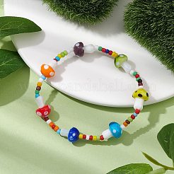 3mm 丸型ガラスシードビーズとマッシュルームの手作りランプワーク ストレッチ ブレスレット (女性用)  カラフル  内径：2-1/4インチ（5.7cm）&nbsp;BJEW-TA00523