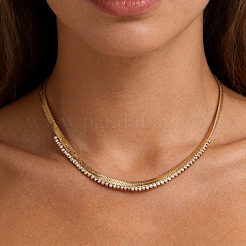 女性用304ステンレススチール製パヴェスクエアクリアキュービックジルコニアフラットスネークチェーンネックレス  ゴールドカラー  16.54インチ（42cm）&nbsp;WG60D5C-01