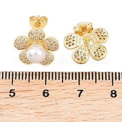 真鍮製マイクロパヴェキュービックジルコニアスタッドピアス  ABSの模造パールと  花  長持ちメッキ  ラックめっき  鉛フリー＆カドミウムフリー  18KGP本金メッキ  13x13mm&nbsp;EJEW-F405-04G