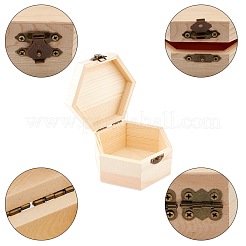 未完成の松材ジュエリーボックス  DIY収納チェストトレジャーケース  ロッククラスプ付き  六角  バリーウッド  8.65x9.2x4cm&nbsp;CON-WH0072-07