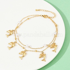 304 Stainless Steel with Acrylic Bead Double Layer Dolphin Charm Anklets for Women&nbsp;AJEW-G069-01G