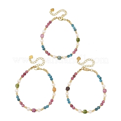 Natural Mixed Gemstone Faceted Round and Cube Beaded Bracelets with Natural Pearl & Brass End Chains&nbsp;BJEW-JB14336-03
