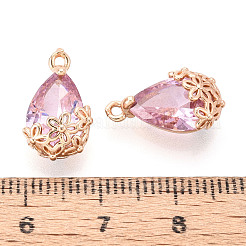 クリアガラスペンダント  DIYのジュエリーには  真鍮パーツ  多面カット  花と涙  ライトゴールド  フラミンゴ  16x9x6mm  穴：1.2~1.4mm&nbsp;GLAA-YW0001-108D