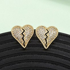 ブロークンハートの真鍮マイクロパヴェキュービックジルコニアスタッドピアス  16KGP本金メッキ  透明  16x15.5mm&nbsp;EJEW-B153-19G-04