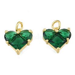 ガラスチャーム  丸カンと真鍮のパーツ  18KGP本金メッキ  ニッケルフリー  ハート  グリーン  12x12x4mm  穴：3mm&nbsp;X-KK-N233-423