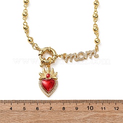 Mother's Day Brass Micro Pave Clear Cubic Zirconia Enamel Red Sacred Heart Mama Pendant Necklaces for Women&nbsp;NJEW-A071-12C-G