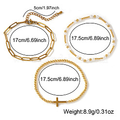 3Pcs Cross 304 Stainless Steel & Imitation Pearl Beaded Stretch Bracelet Sets&nbsp;PU8639-1