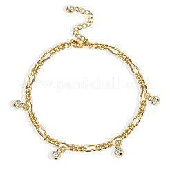 Brass Figaro Chain Clear Cubic Zirconia Flat Round Tassel Anklets for Women&nbsp;FS-WG29303-01