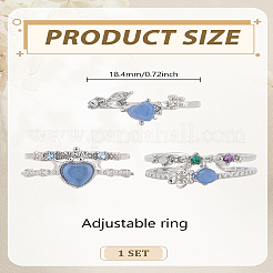 合金ラインストーンカフリングセット3個  花とハートの樹脂製オープンリング  プラチナ  8.5~11mm  内径：18.4mm&nbsp;RJEW-LP0003-61