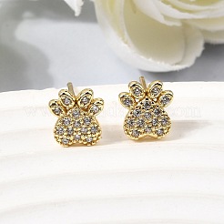 Paw Print Brass Micro Pave Clear Cubic Zirconia Stud Earrings&nbsp;EJEW-C186-04G