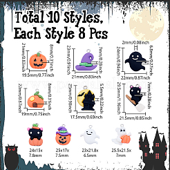 ハロウィーンテーマの不透明樹脂ペンダント80個、8スタイル  ハロウィンチャーム  混合図形  プラチナループ付き  ミックスカラー  21~29.5x15~22x5.5~8mm  穴：2mm  8個/スタイル&nbsp;RESI-UN0001-10