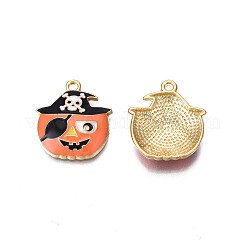合金エナメルチャーム  カドミウムフリー＆ニッケルフリー＆鉛フリー  ライトゴールド  ハロウィン  頭蓋骨のあるカボチャ  サンゴ  23x20.5x4mm  穴：1.4mm&nbsp;ENAM-N055-114