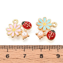 合金エナメルチャーム  ABSの模造パールと  カドミウムフリー＆ニッケルフリー＆鉛フリー  ライトゴールド  花とてんとう虫のチャーム  ラックめっき  ミックスカラー  13x15.5x5mm  穴：1.2~1.5mm&nbsp;ENAM-N064-08KCG