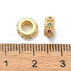 真鍮マイクロパヴェクリアキュービックジルコニアロンデルヨーロピアンビーズ  花大きな穴ビーズ  長持ちメッキ  鉛フリー＆カドミウムフリー  ラックめっき  18KGP本金メッキ  7.5x4mm  穴：4mm&nbsp;KK-U014-06G