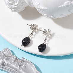 天然黒曜石ツイストオーバルダングルスタッドピアス  304ステンレススチールフラワーイヤリング  25~26x7mm&nbsp;EJEW-JE05664-05