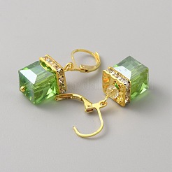 ブリンブリン ガラス キューブ ダングル レバーバック イヤリング  女性のための黄金の鉄のジュエリー  ライムグリーン  35mm  ピン：1x0.8mm&nbsp;EJEW-WH0011-58G-02