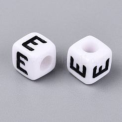 不透明なアクリルビーズ  番号の立方体  エナメル  ブラック  文字e  7.5~8x7.5~8x8~8.5mm  穴：3.6~4mm  約1200個/500g&nbsp;SACR-N020-04A-E