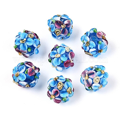 手作りランプワークビーズ連売り  バンピー  花の丸  ライトスカイブルー  11.5~13x11~12mm  穴：1.6~1.8mm  約45個/連  17.68~19.65''（44.9~49.9センチメートル）&nbsp;LAMP-N021-015A-15-1