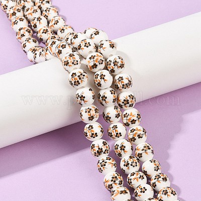 Handmade Flower Printed Porcelain Ceramic Beads Strands&nbsp;PORC-M007-10mm-04-1